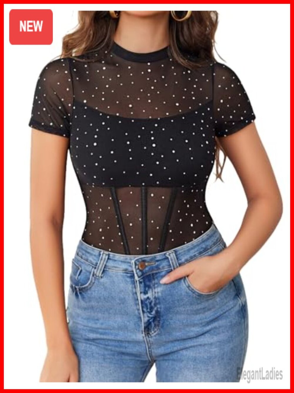 Mesh Short Sleeve Bodysuit Mock Neck Sheer Sparkle Top